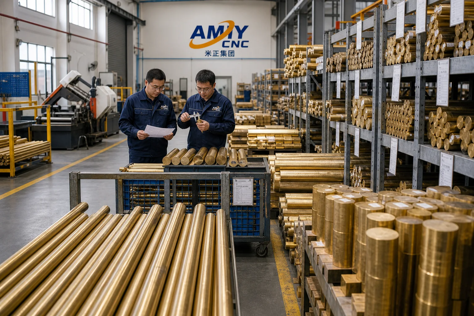 Rendered AMY CNC display image showing brass bar stock and valve material preparation.