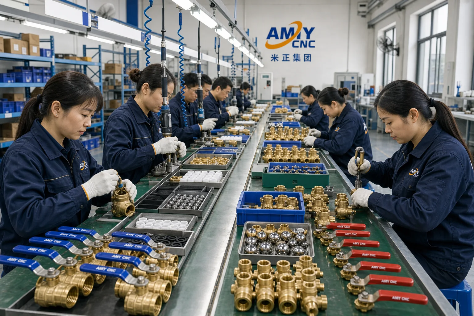 Rendered AMY CNC display image showing brass valve assembly and inspection line context.