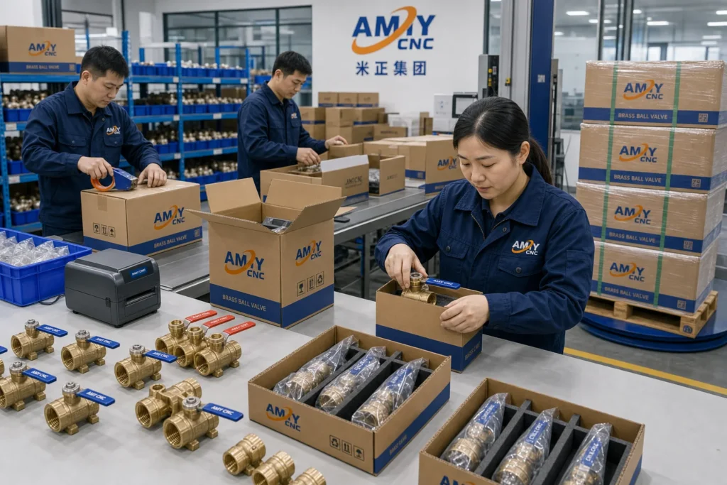 Rendered AMY CNC display image showing packaging scene: AMY CNC brass valve component packing and dispatch preparation.