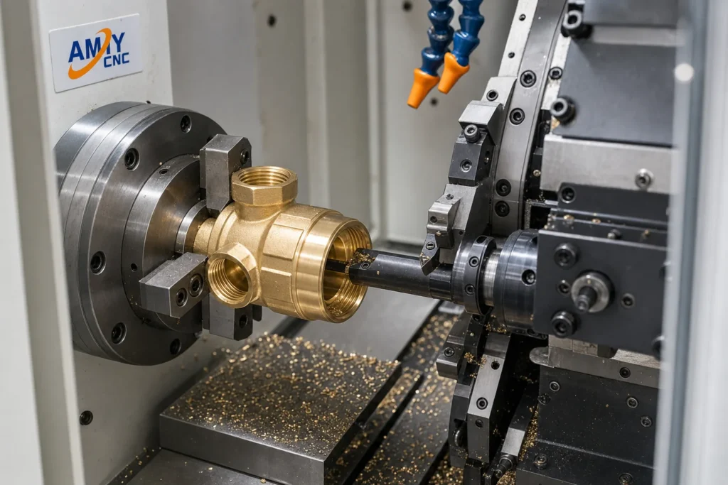 Rendered AMY CNC display image showing machining closeup: AMY CNC brass valve component turning close-up.