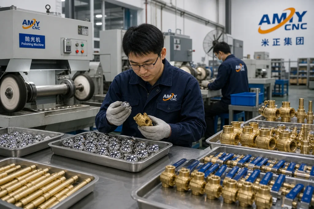 Rendered AMY CNC display image showing quality control scene: AMY CNC brass valve component visual inspection.