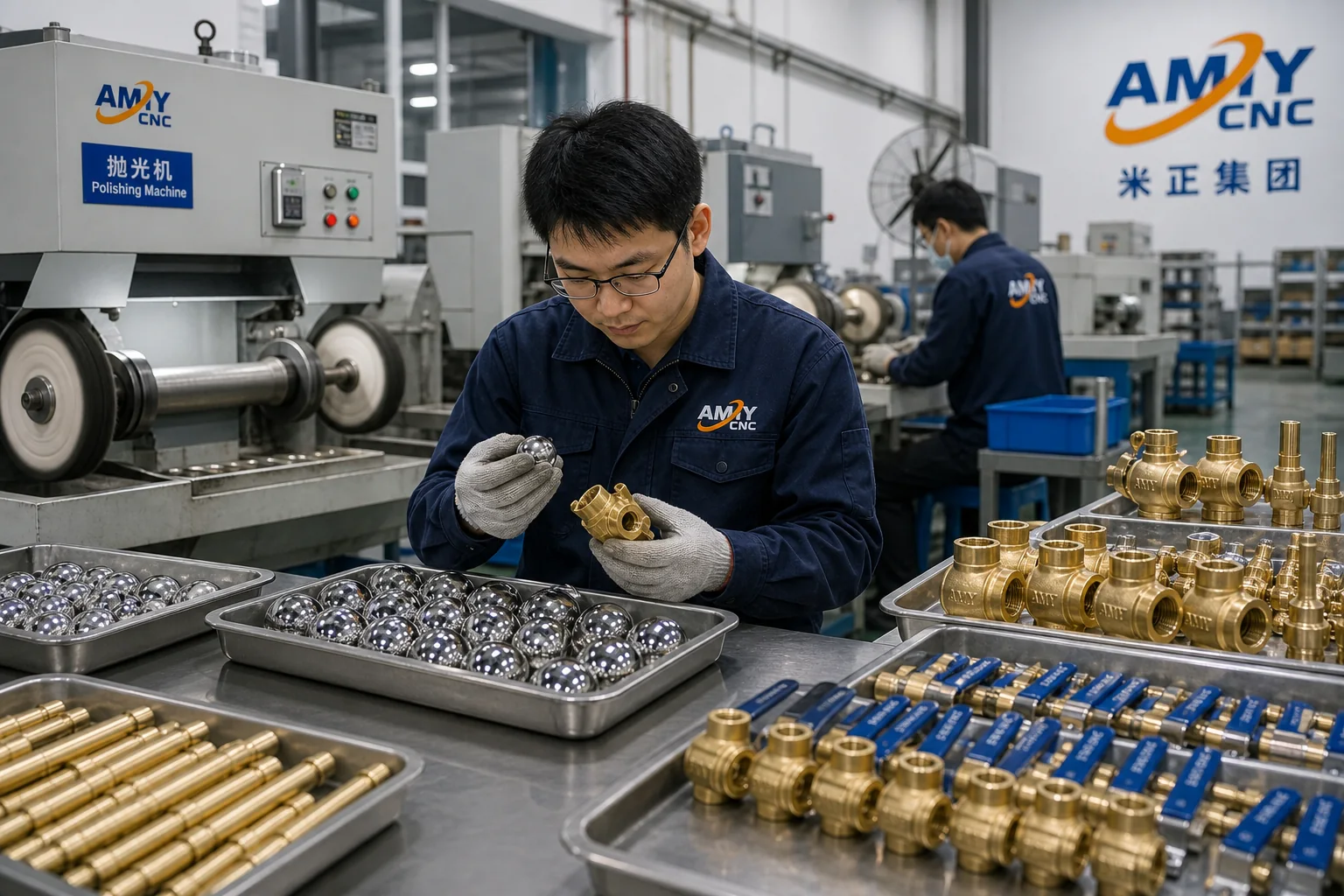 Rendered AMY CNC display image showing brass valve component visual inspection.