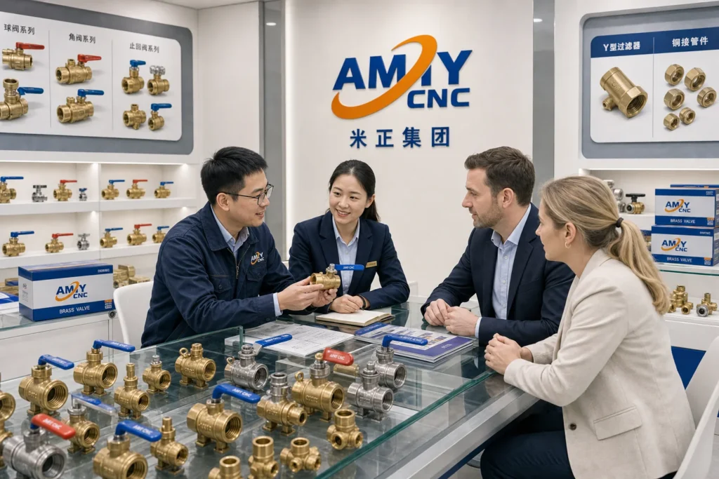 Rendered AMY CNC display image showing buyer meeting scene: AMY CNC buyer consultation for valve machine selection.