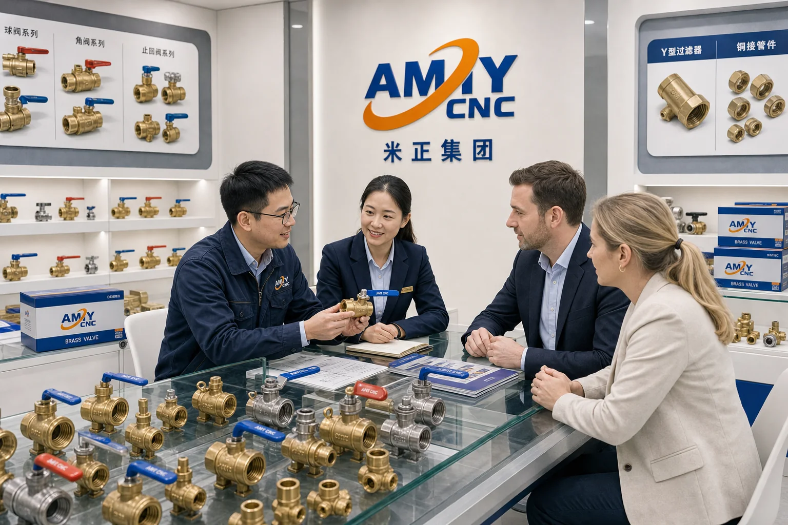 Rendered AMY CNC display image showing buyer consultation for valve machine selection.