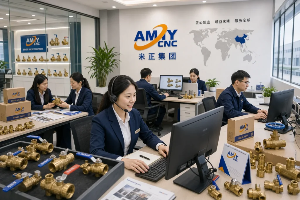 Rendered AMY CNC display image showing office service scene: AMY CNC buyer support and documentation office.