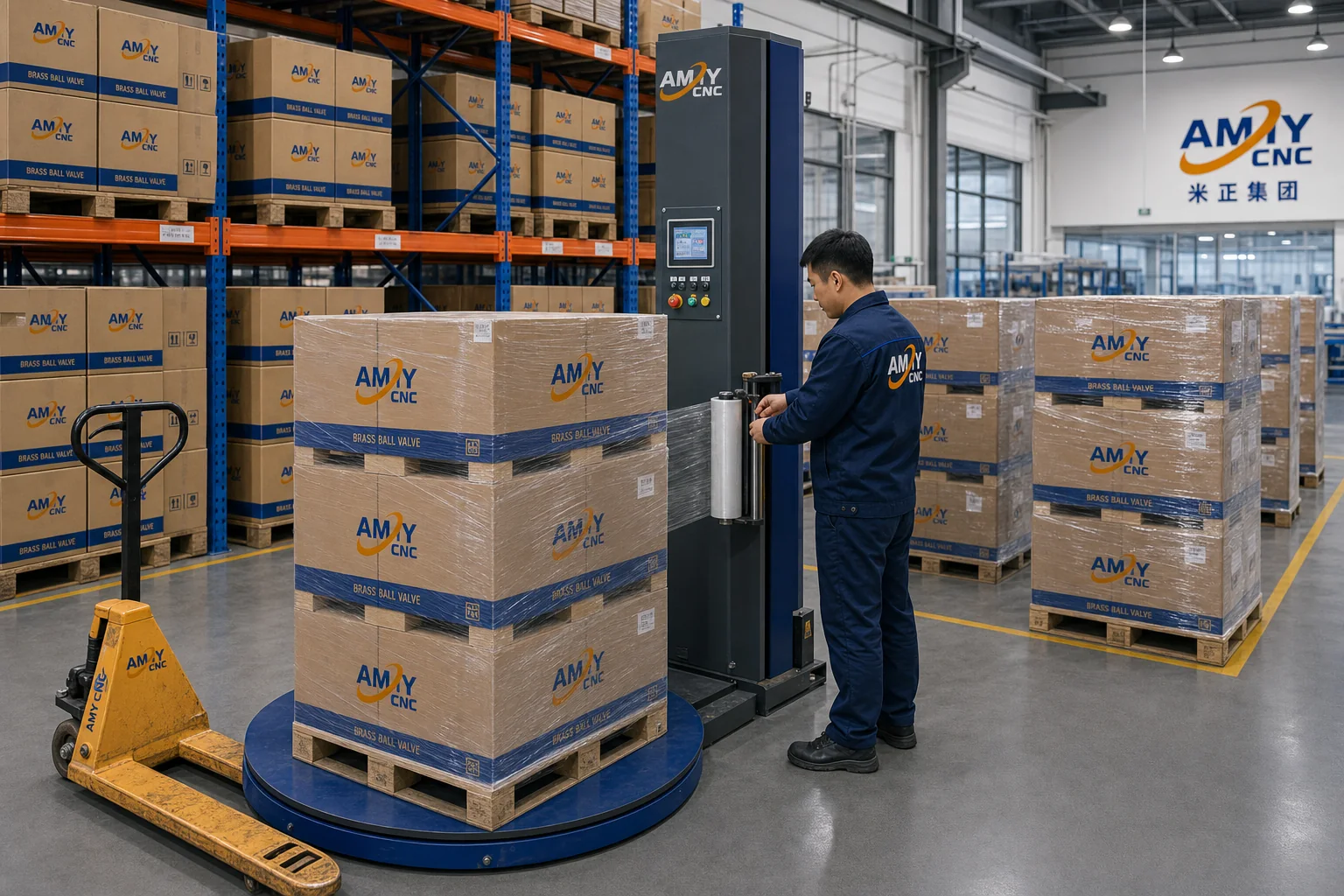 Rendered AMY CNC display image showing packaged valve components in a warehouse scene.