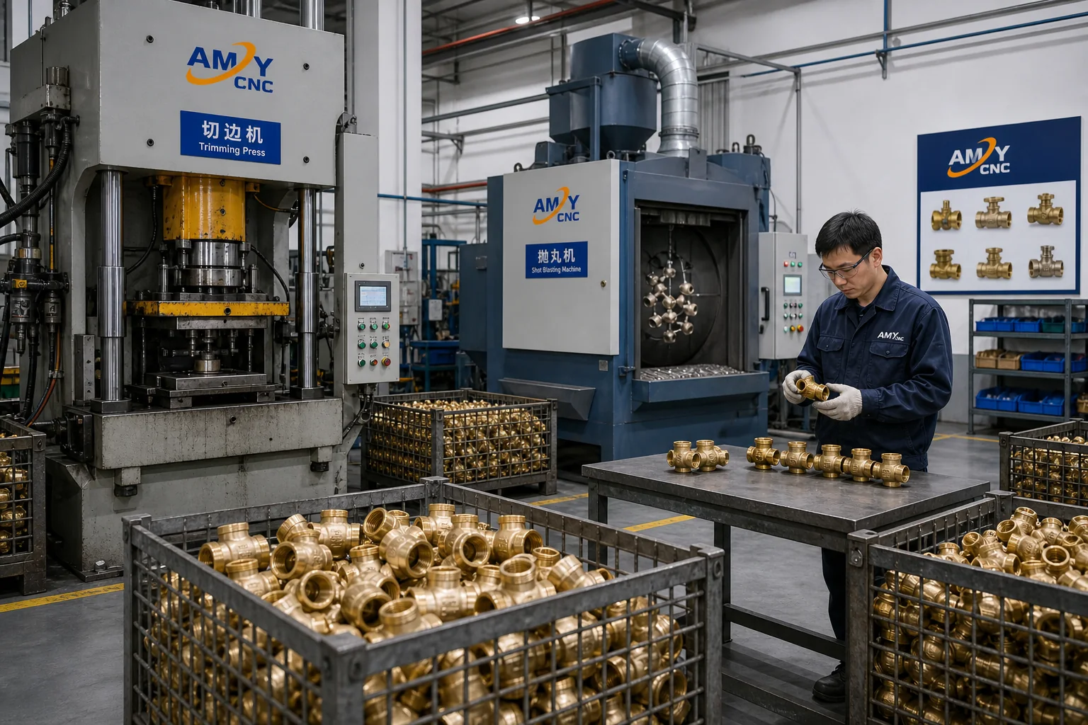 Rendered AMY CNC display image showing brass component handling in a press workshop.