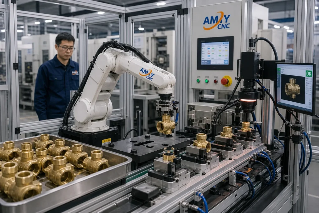Rendered AMY CNC display image showing robot automation scene: AMY CNC robot-assisted valve component machining cell.