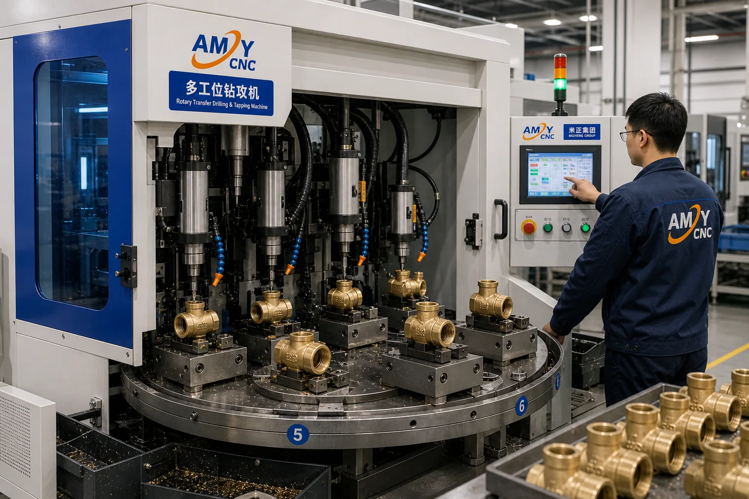 Rendered AMY CNC display image showing a rotary valve component machining cell.