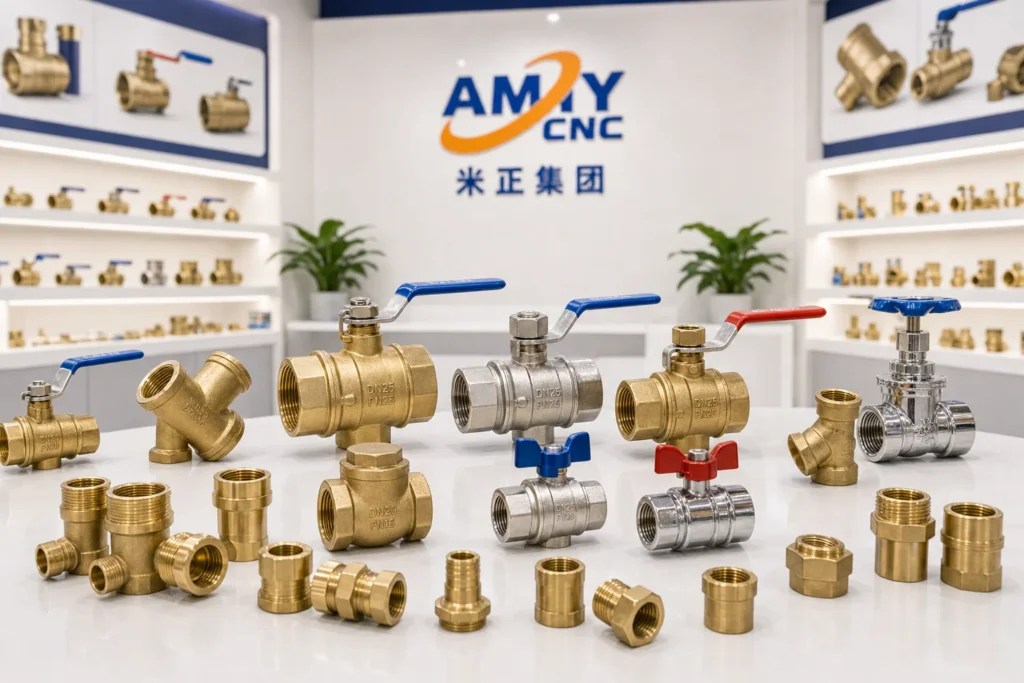 Rendered AMY CNC display image showing product showroom display: AMY CNC valve and brass fitting product range display.