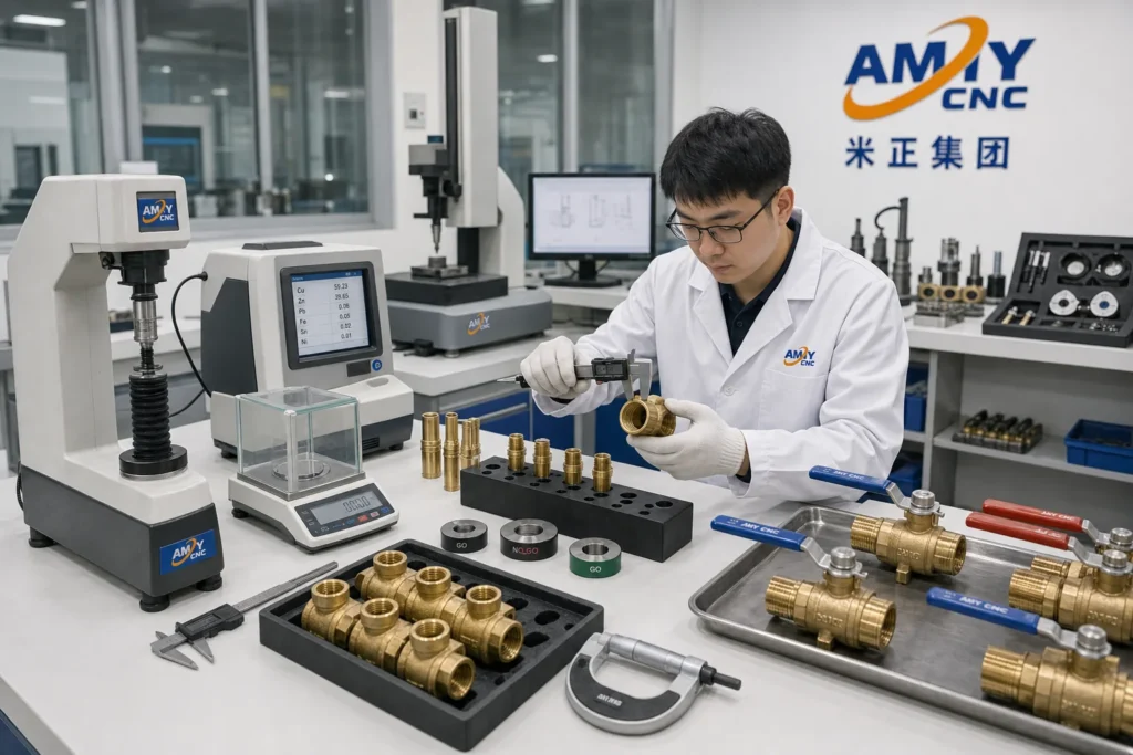 Rendered AMY CNC display image showing quality lab scene: AMY CNC valve component measurement and quality lab.