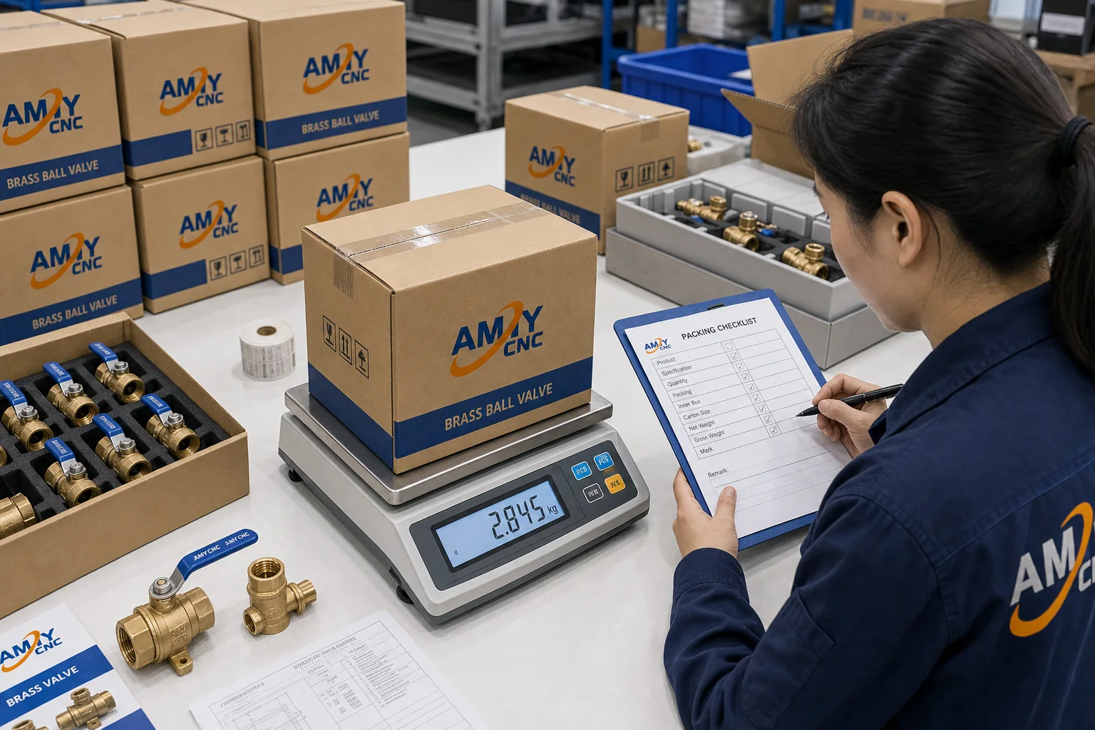 Rendered AMY CNC display image showing valve component packing and weight check.