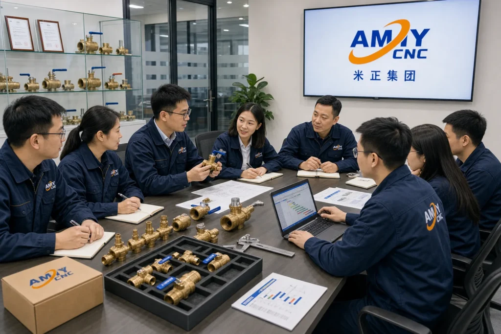 Rendered AMY CNC display image showing team meeting scene: AMY CNC valve machine project discussion meeting.