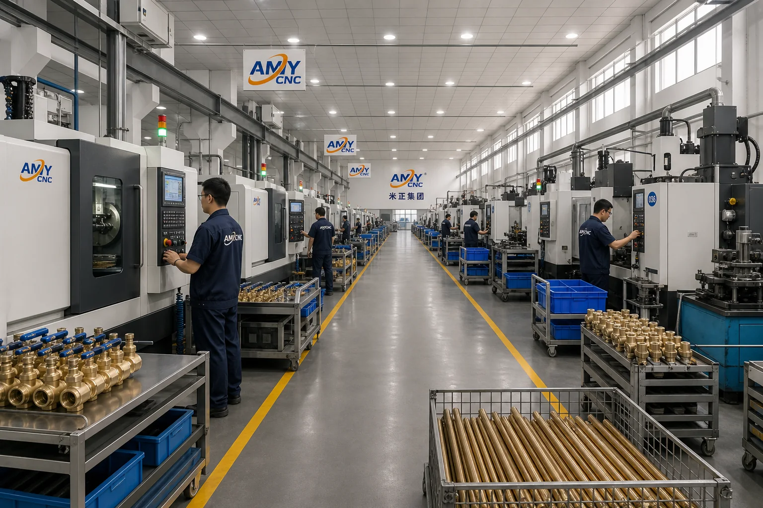 Rendered AMY CNC display image showing valve machine workshop aisle context.