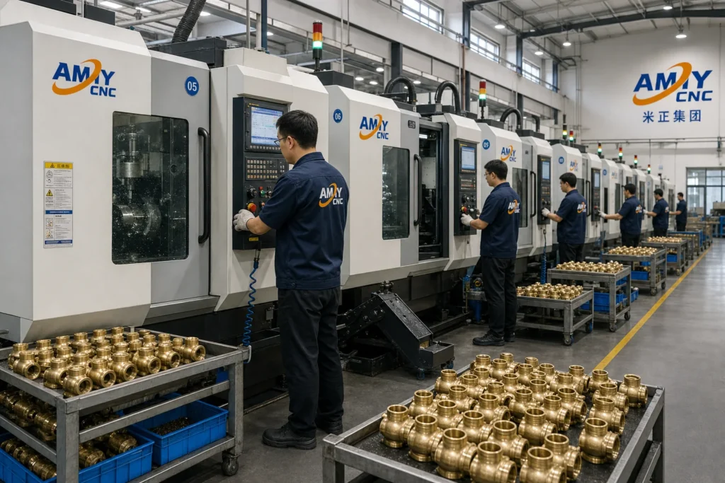 Rendered AMY CNC display image showing production line scene: AMY CNC valve machining production line with brass components.
