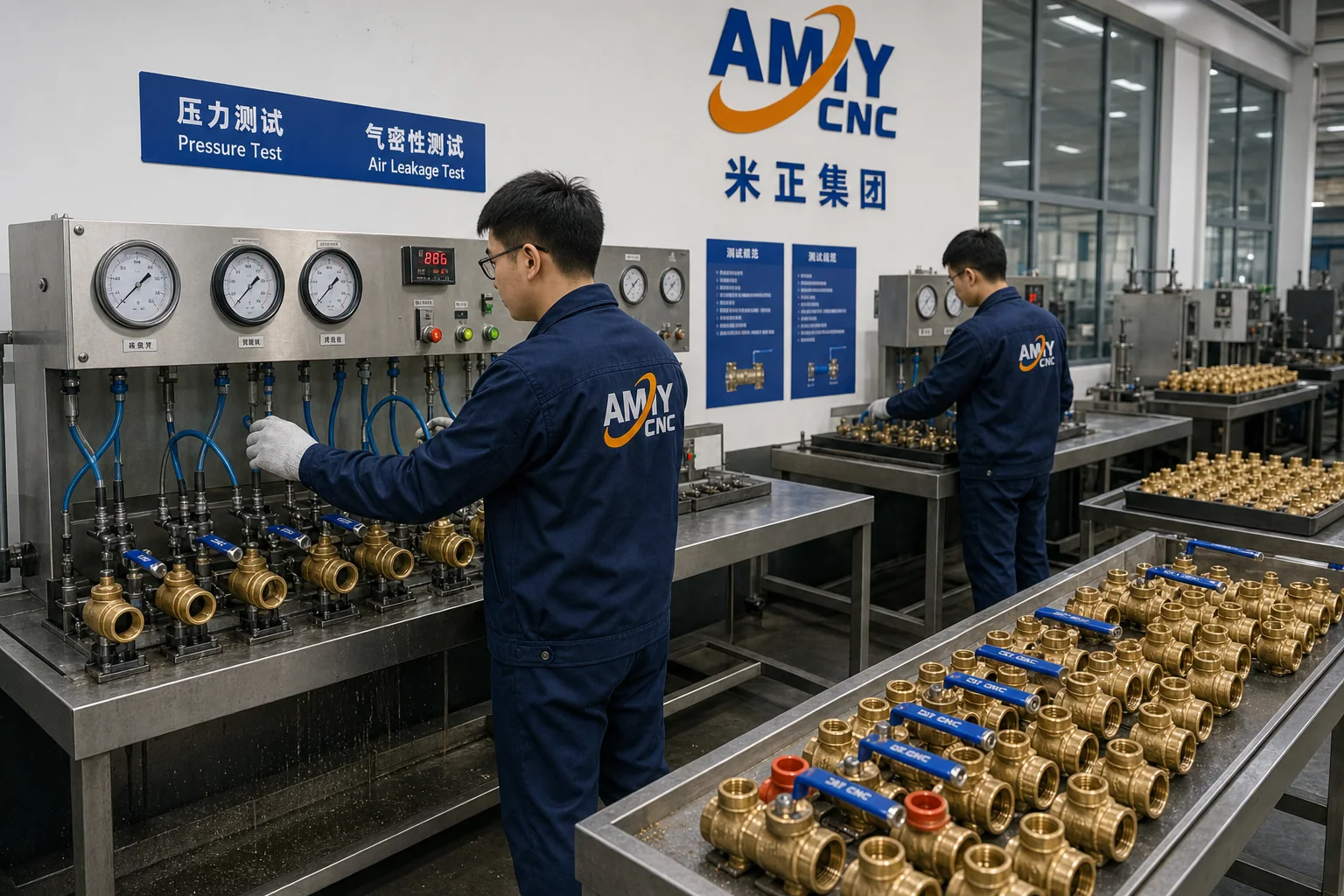 Rendered AMY CNC display image showing valve pressure testing and inspection bench context.