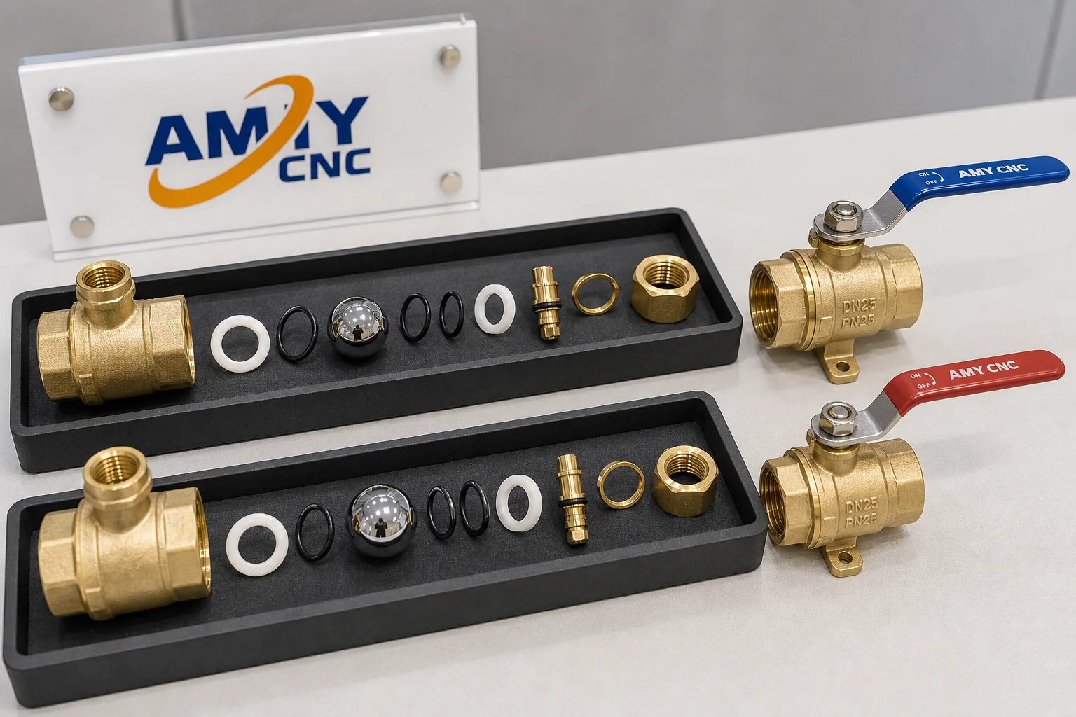 Rendered AMY CNC display image showing valve sample board and component comparison.