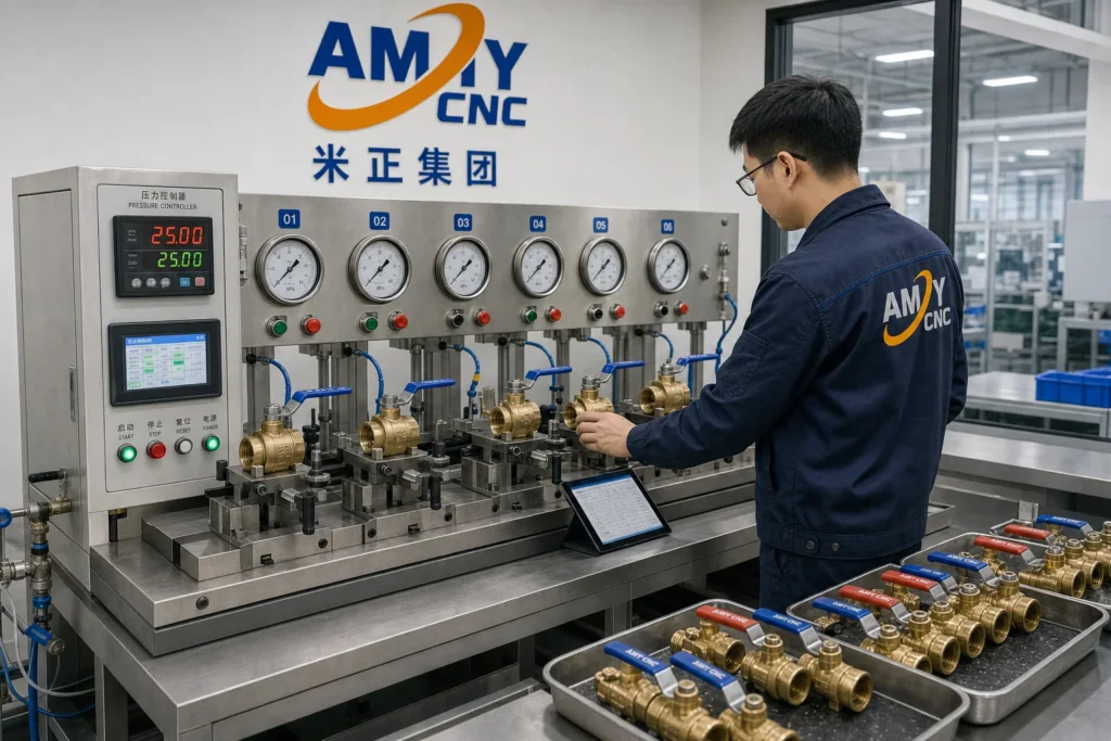 Rendered AMY CNC display image showing testing scene: AMY CNC valve test bench with pressure gauges.
