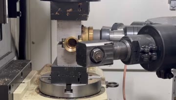 Video cover showing brass valve body rotary machining in a CNC machining setup.